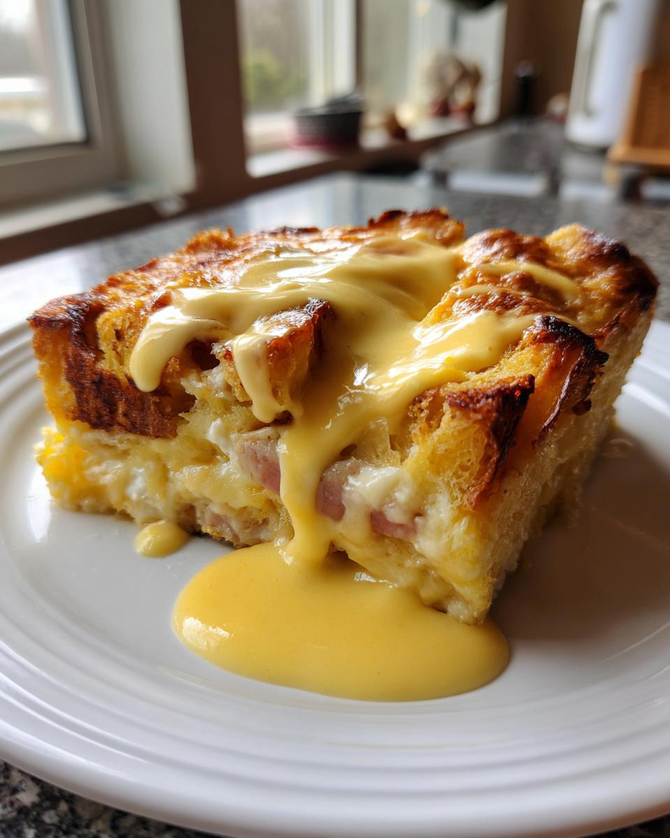 A square slice of baked eggs benedict casserole topped with rich, flowing hollandaise sauce on a white plate.