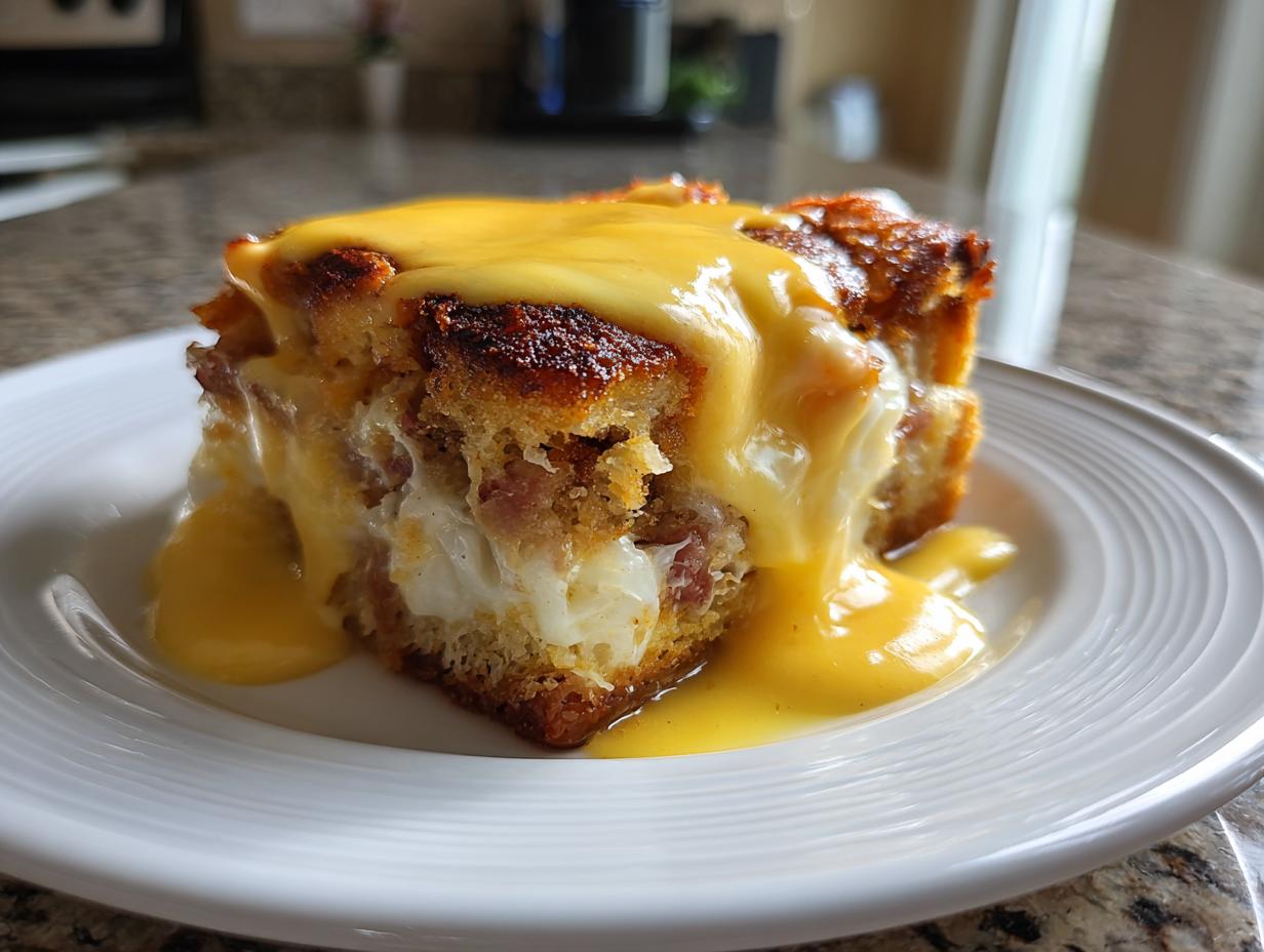 A close-up of a square serving of eggs benedict casserole topped with rich hollandaise sauce on a white plate.