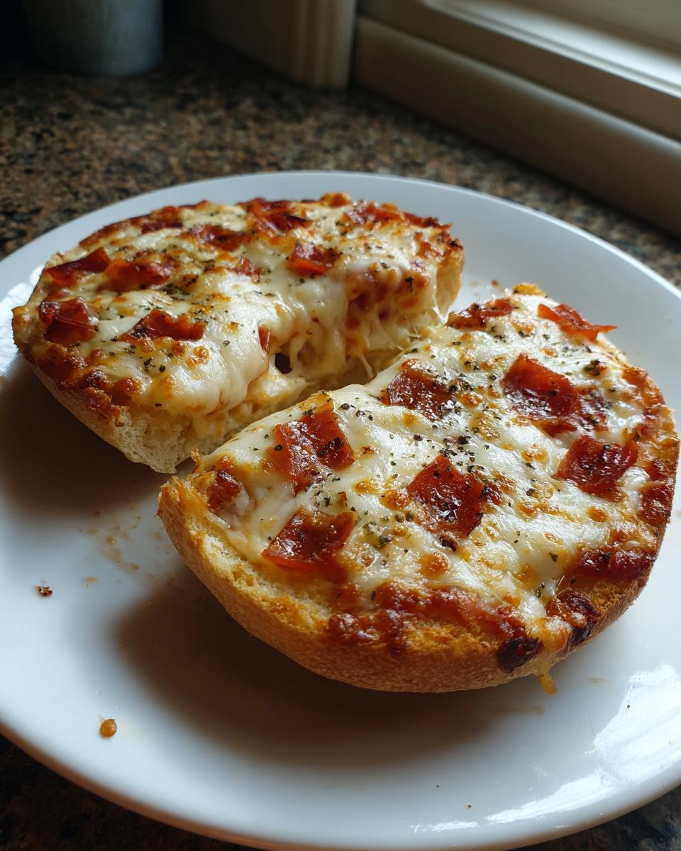 Two halves of a freshly baked english muffin pizza topped with melted mozzarella, pepperoni, and herbs on a white plate.