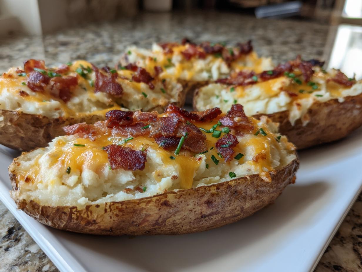Four halves of a baked potato casserole, stuffed with mashed potato, melted cheddar cheese, bacon, and chives.