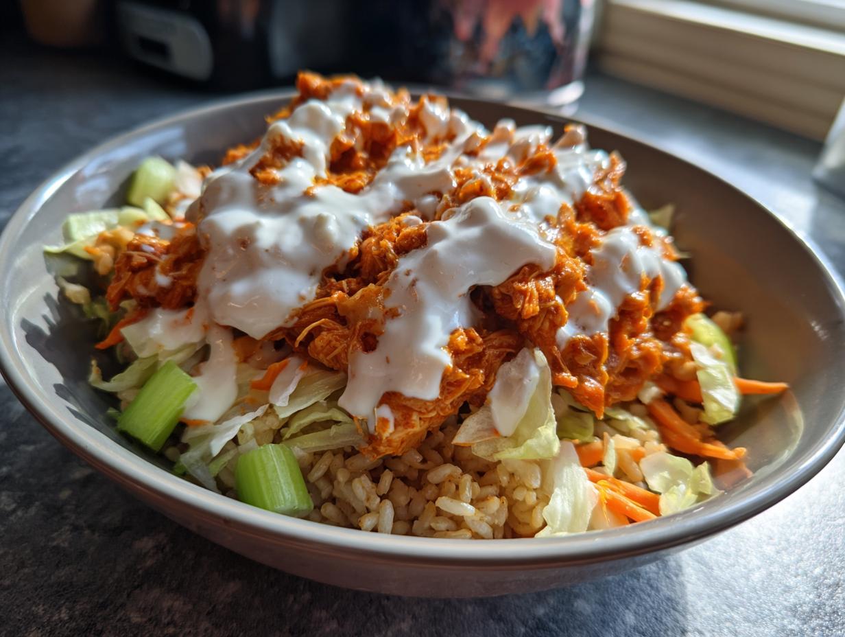 A close-up of a buffalo chicken bowl featuring brown rice, lettuce, carrots, spicy shredded chicken, and ranch dressing.