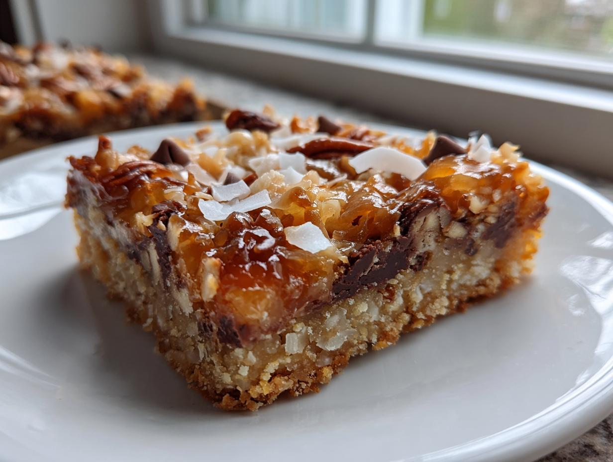 A close-up of a thick, gooey magic cookie bars square on a white plate, showing layers of crust, chocolate, and coconut topping.