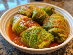 A close-up of several Stuffed Cabbage Rolls simmering in a rich, red tomato sauce in a white bowl.