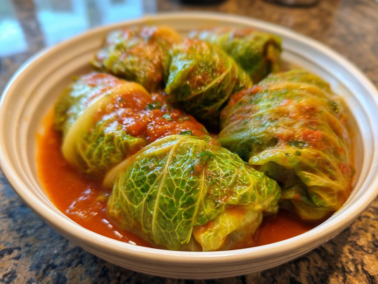 A close-up of several Stuffed Cabbage Rolls simmering in a rich, red tomato sauce in a white bowl.