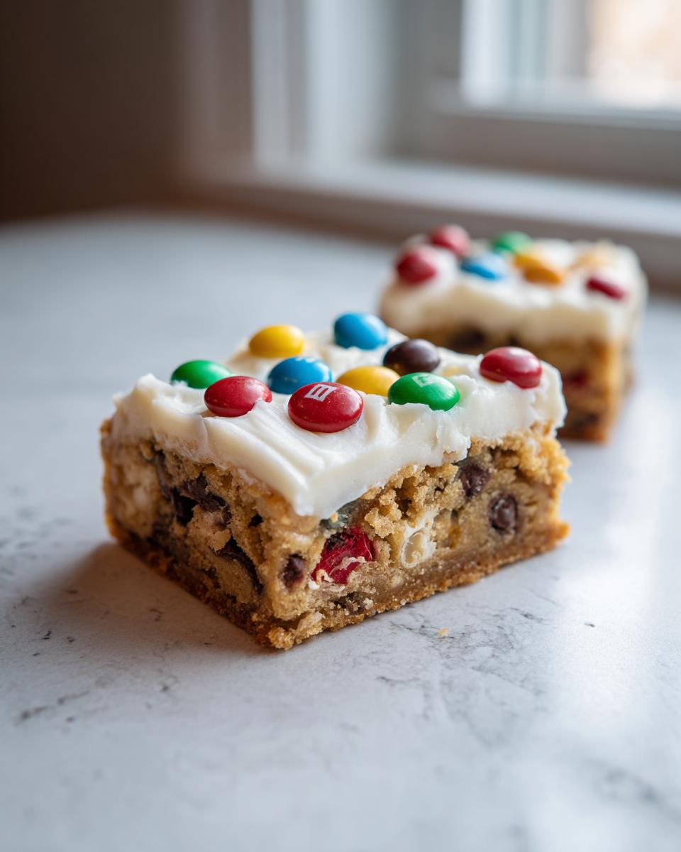 A close-up of a thick, frosted christmas cookie bars square topped with colorful M&Ms on a white marble surface.