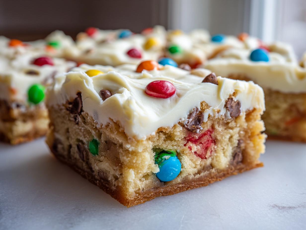 A thick, close-up slice of a soft blondie-style christmas cookie bars topped with white frosting and colorful candy pieces.