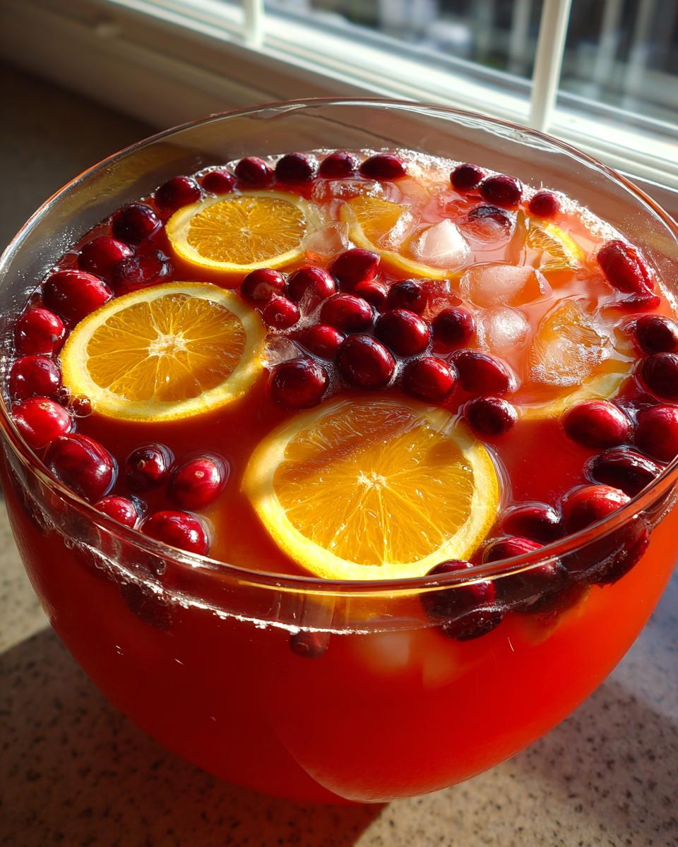 A close-up of a large glass bowl filled with bright red thanksgiving punch, garnished with orange slices and fresh cranberries.