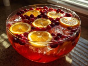 A large glass bowl filled with bright red thanksgiving punch, garnished with floating orange slices and fresh cranberries.