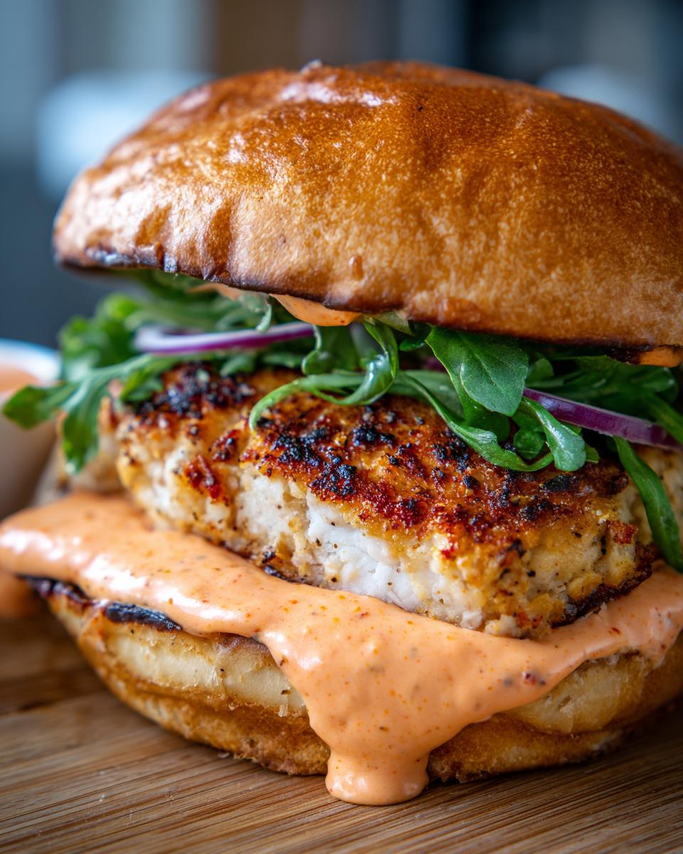 Close-up of a fish sandwich generously covered in creamy, orange burger sauce.