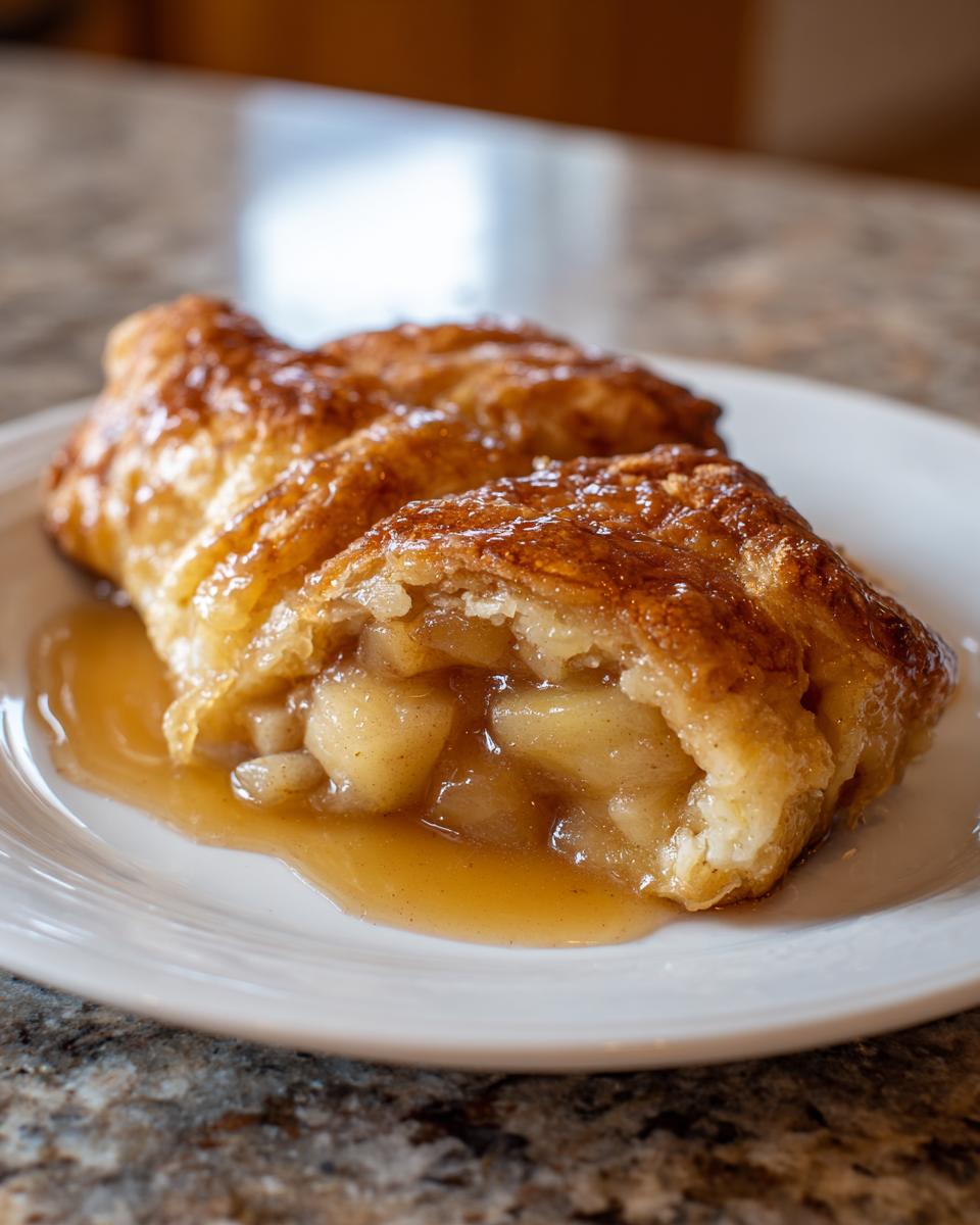 Close-up of a flaky, glazed apple dumpling cut open to show spiced apple filling and rich sauce.