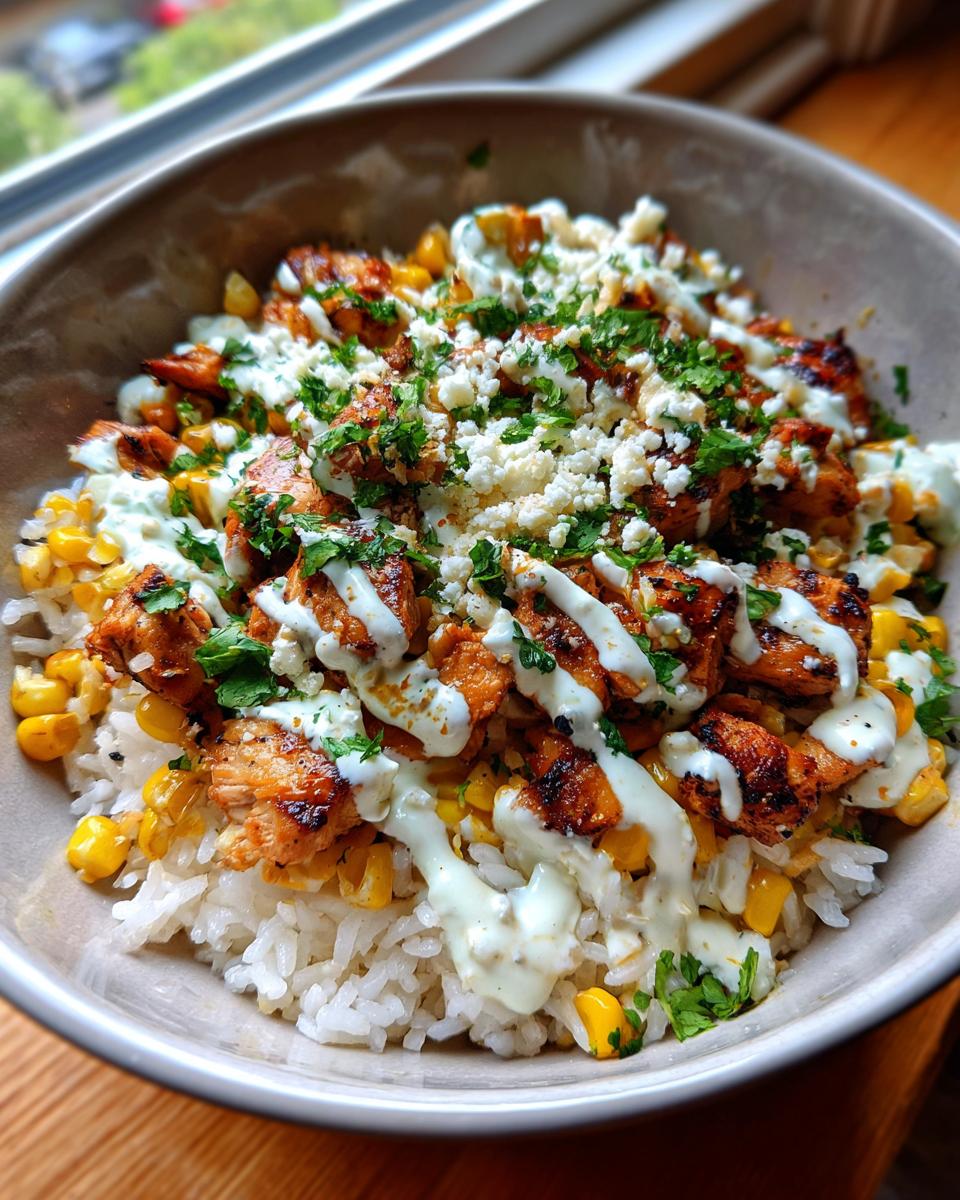 Close-up of a delicious chicken rice bowl featuring seasoned chicken, corn, white sauce drizzle, crumbled cheese, and parsley.