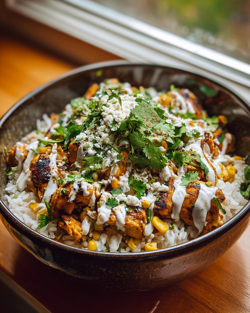 A close-up of a vibrant chicken rice bowl topped with seasoned chicken, corn, white sauce, cotija cheese, and fresh cilantro.