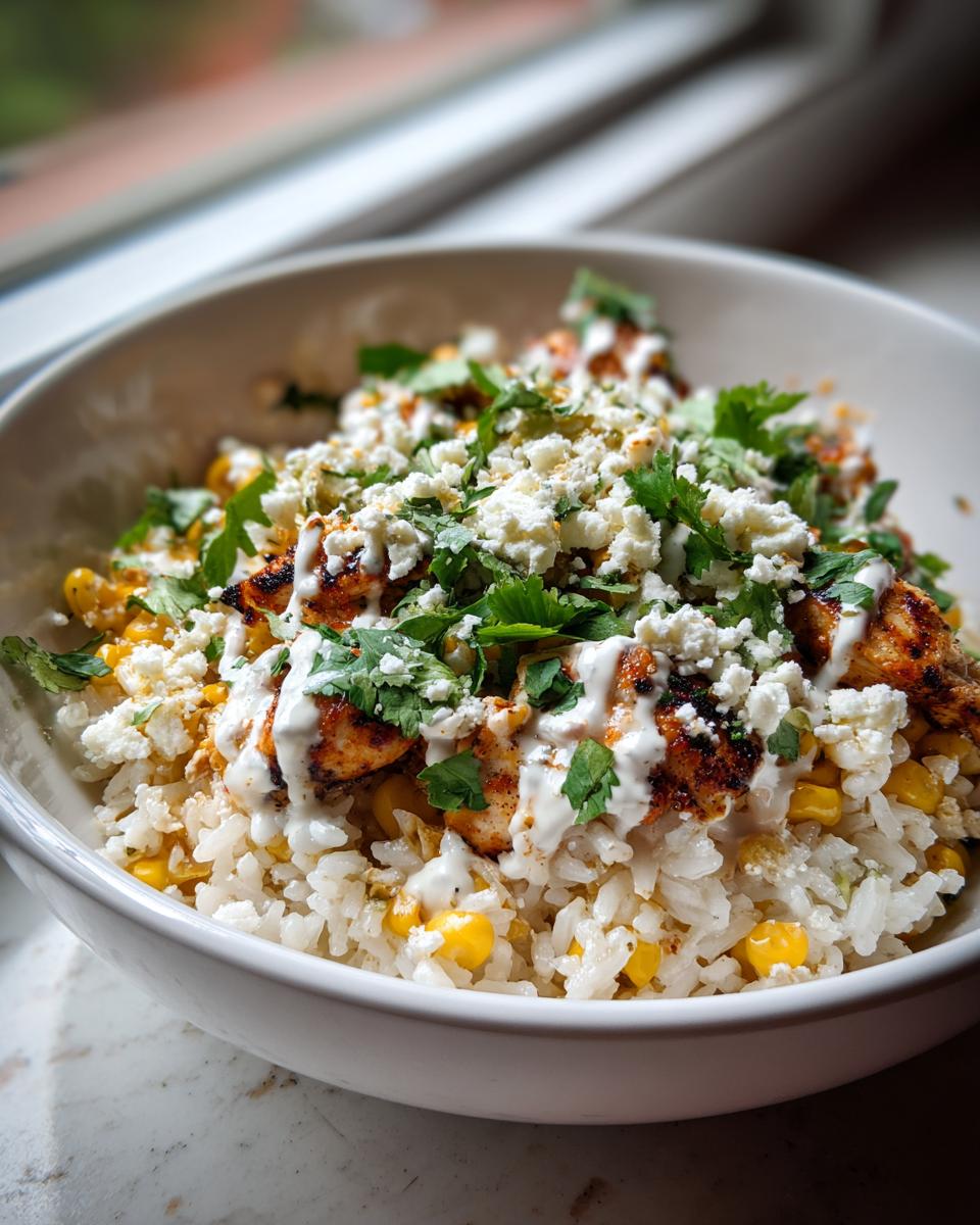 Close-up of a flavorful chicken rice bowl topped with grilled chicken, corn, cotija cheese, cilantro, and crema.