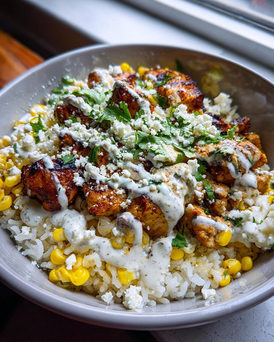 Close-up of a flavorful chicken rice bowl topped with charred chicken pieces, corn, crumbled white cheese, and a creamy sauce.