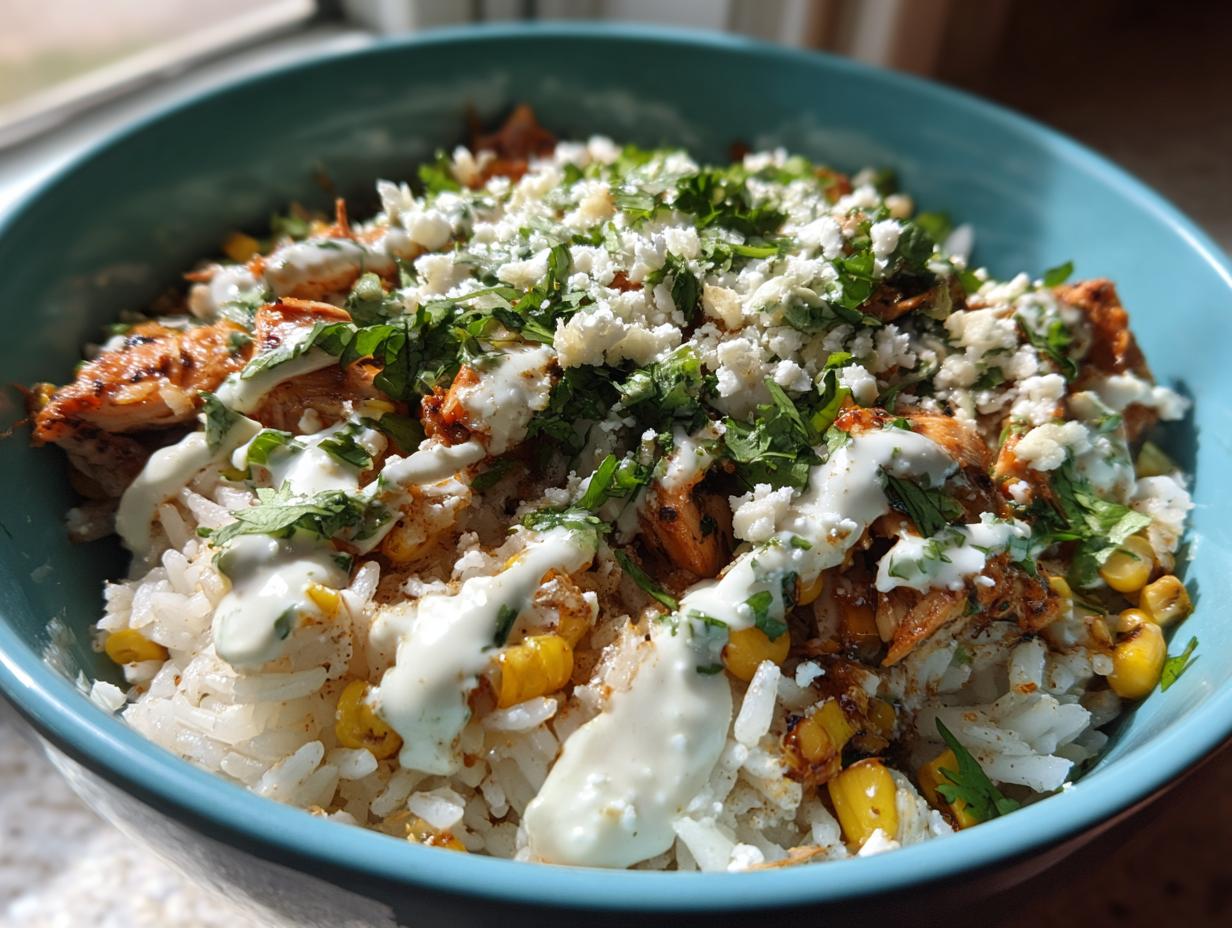 Close-up of a vibrant chicken rice bowl featuring seasoned chicken, white rice, corn, drizzled sauce, crumbled cheese, and fresh cilantro.