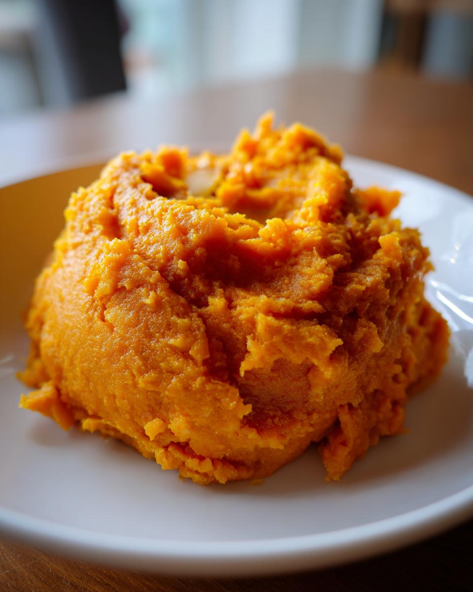 A close-up of a mound of vibrant orange mashed sweet potatoes served on a white plate.