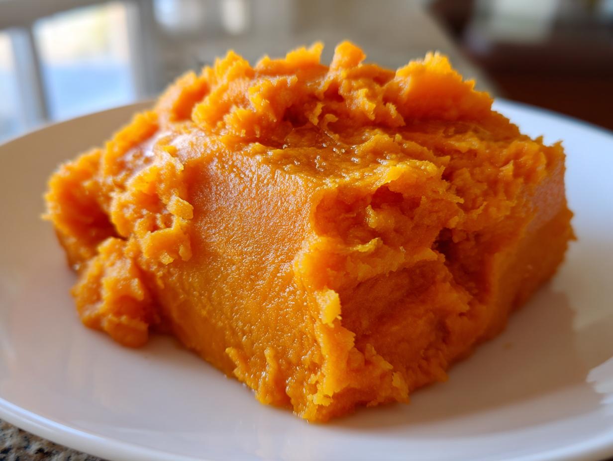 A close-up of a rich, orange serving of creamy mashed sweet potatoes on a white plate.