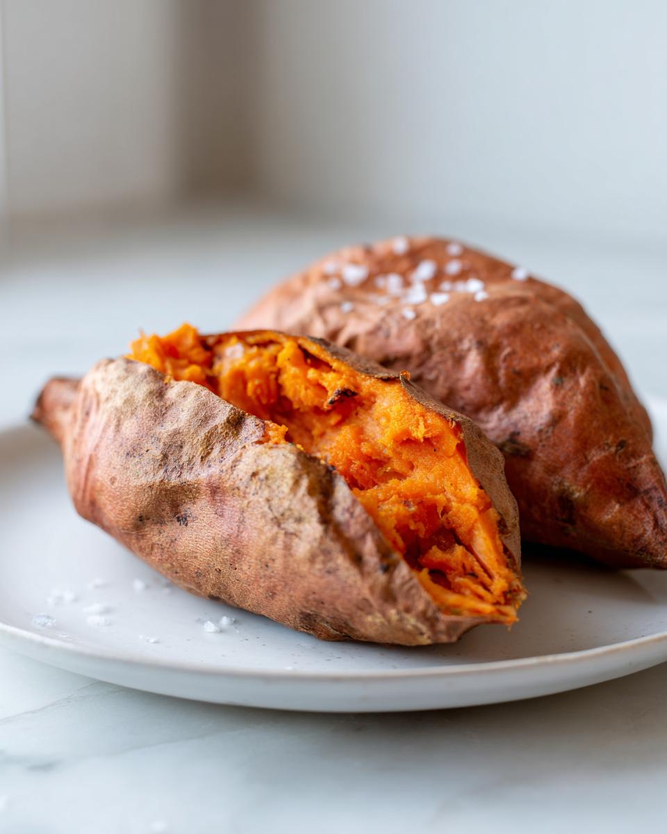 Two baked sweet potato halves on a white plate, one split open showing fluffy orange interior and sprinkled with coarse salt.