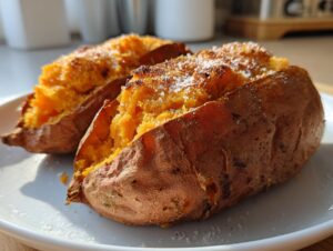 Two fluffy baked sweet potato halves, split open and sprinkled with salt, ready to be served.