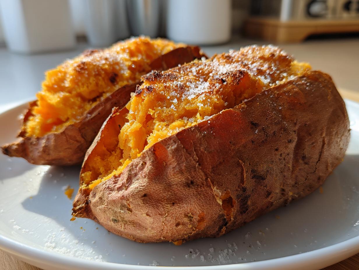 Two fluffy baked sweet potato halves, split open and sprinkled with salt, ready to be served.