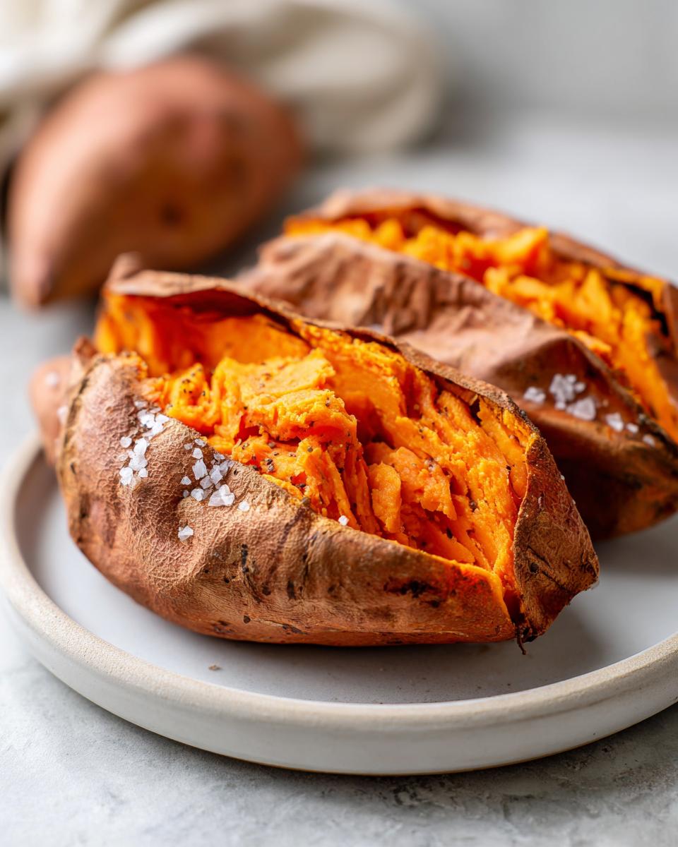 Close-up of two fluffy baked sweet potato halves sprinkled with flaky sea salt.