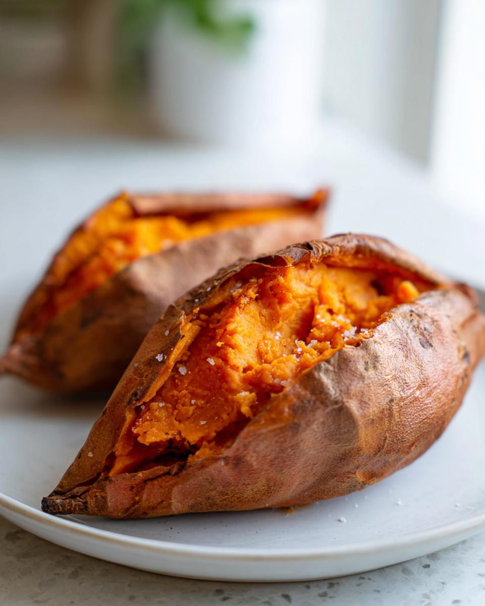 Close-up of a fluffy baked sweet potato split open and sprinkled with coarse sea salt.