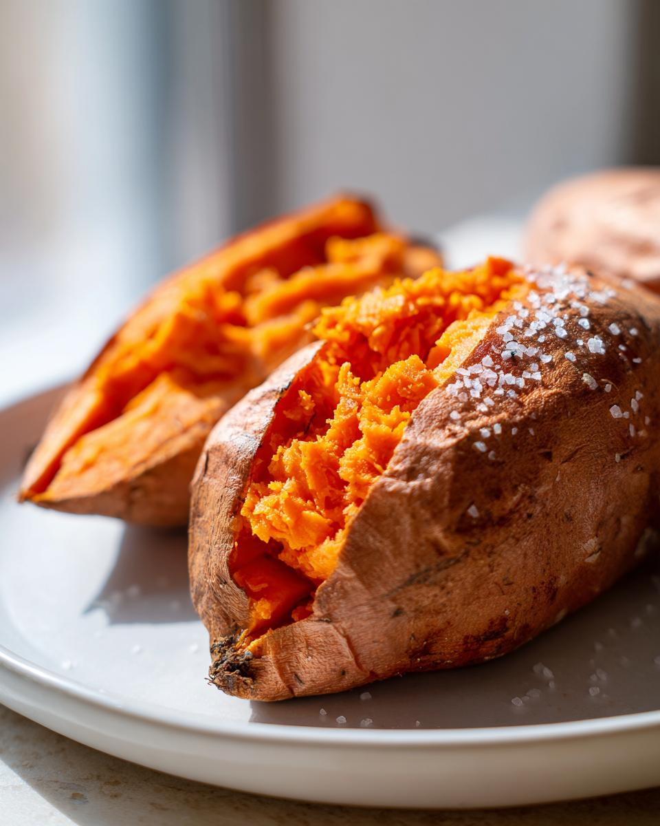 Close-up of a fluffy baked sweet potato, split open and sprinkled with coarse sea salt.