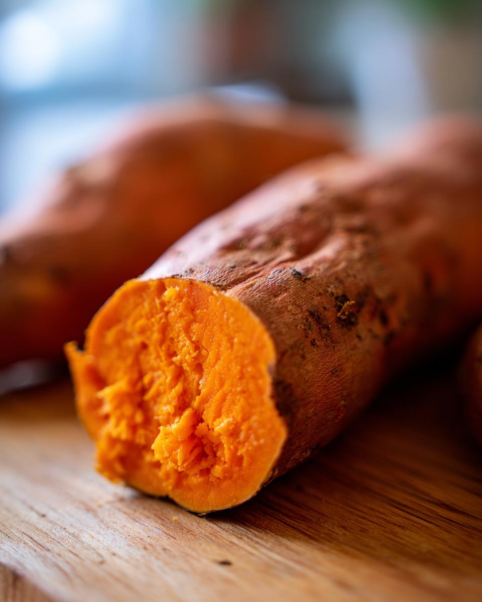 Close-up of a baked sweet potatoes cut open showing the fluffy, bright orange interior texture.