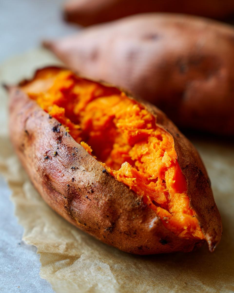 Close-up of a perfectly baked sweet potatoes, split open to show the fluffy, bright orange interior.