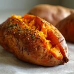 Close-up of a fluffy baked sweet potatoes, split open and seasoned with herbs and spices.
