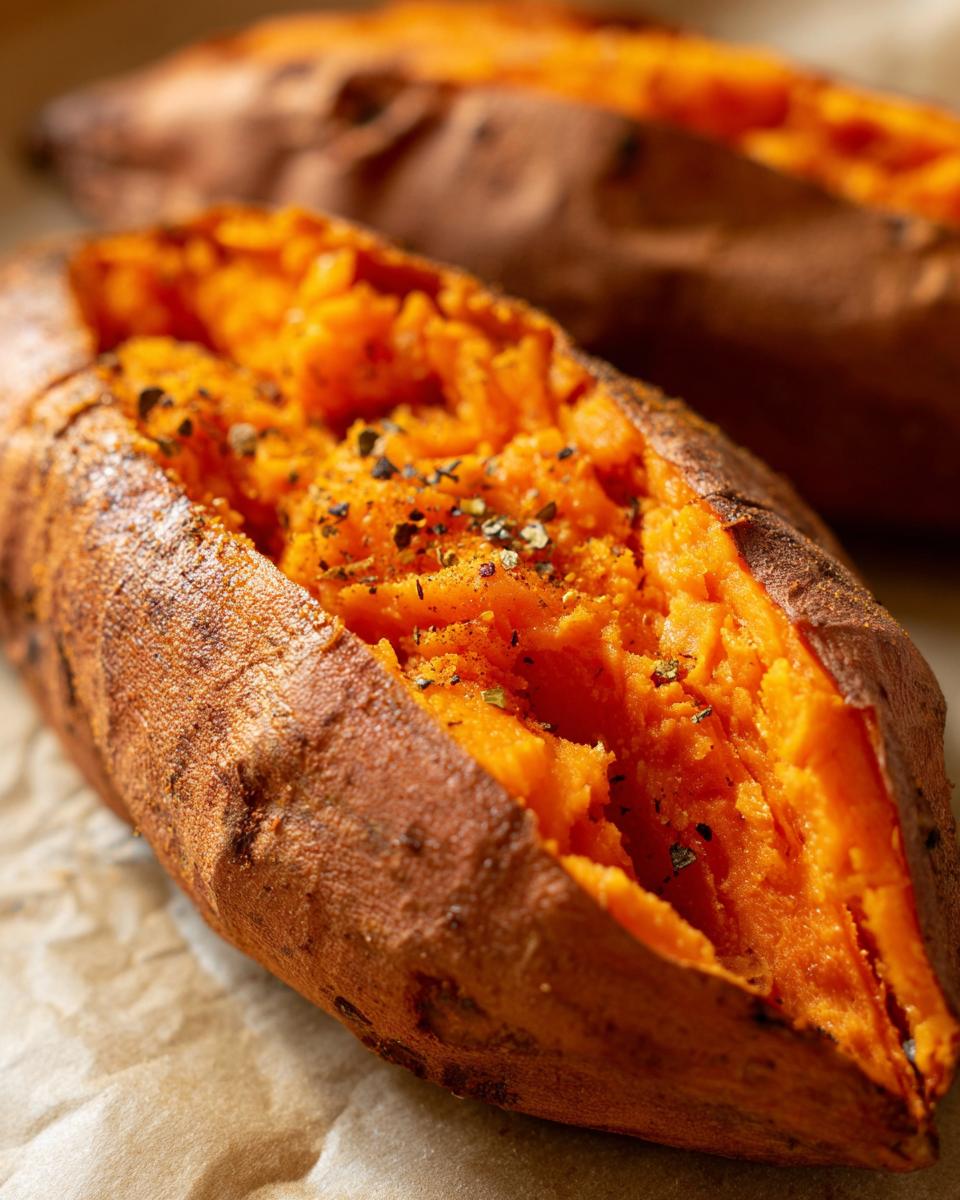 Close-up of a fluffy baked sweet potato, split open and seasoned with pepper.