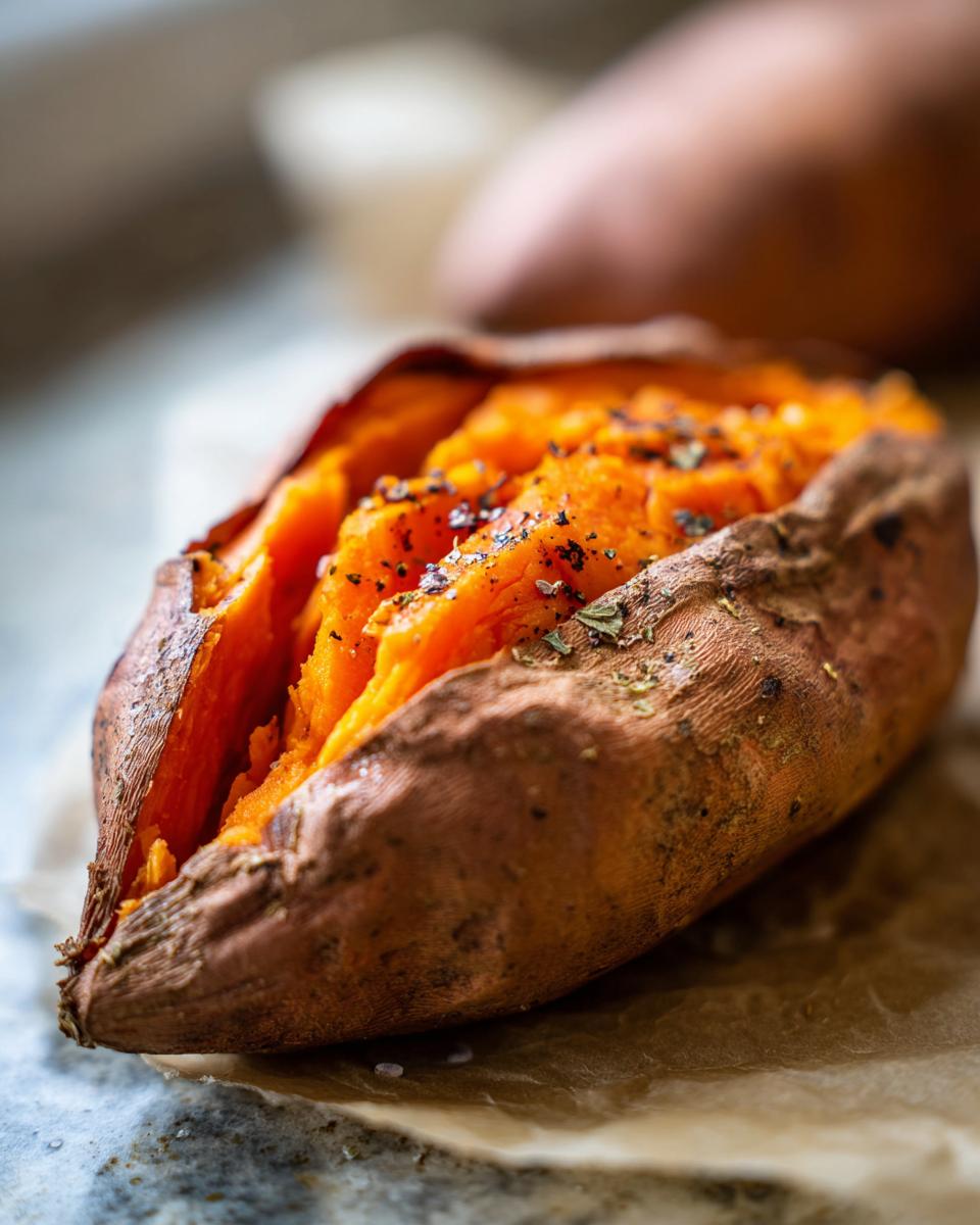 Close-up of a fluffy baked sweet potatoes, split open and seasoned with herbs and pepper.