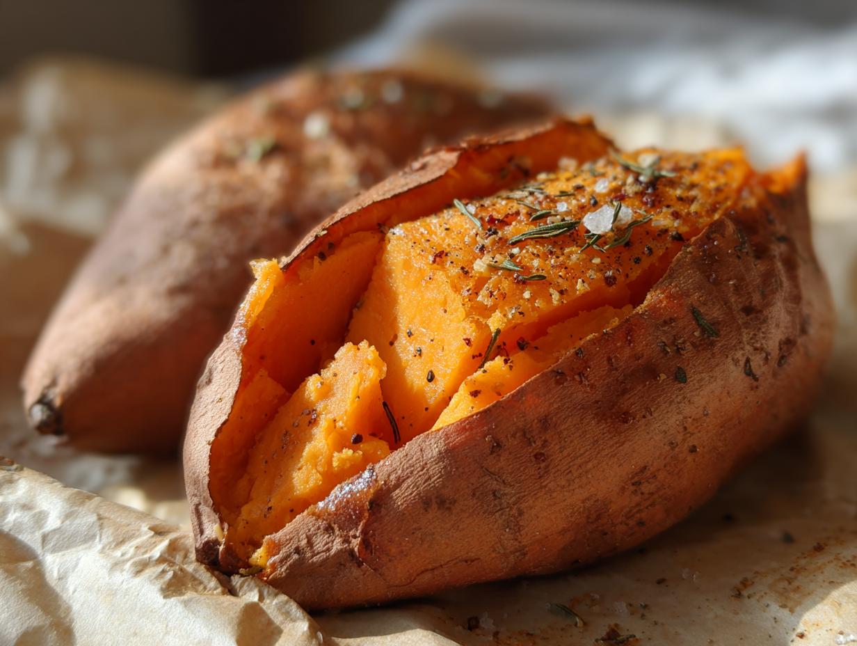 Close-up of a perfectly baked sweet potato, split open to show fluffy orange flesh seasoned with herbs and sea salt.