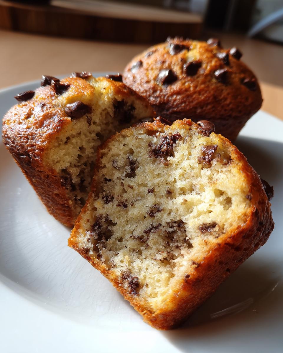 Close-up of fluffy banana chocolate chip muffins, one cut in half showing the moist interior and chocolate chips.