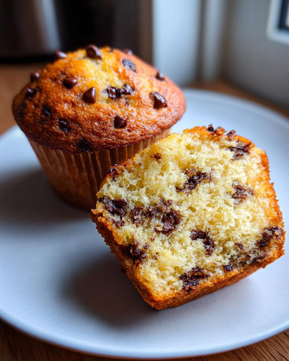 Close-up of two banana chocolate chip muffins, one whole and one cut in half showing the moist, fluffy interior.