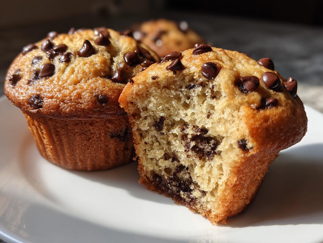 Close-up of fluffy banana chocolate chip muffins, one cut in half showing the moist interior and chocolate chips.