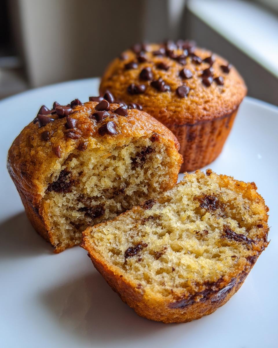 Close-up of a fluffy banana chocolate chip muffin cut in half showing the moist interior and melted chocolate chips.