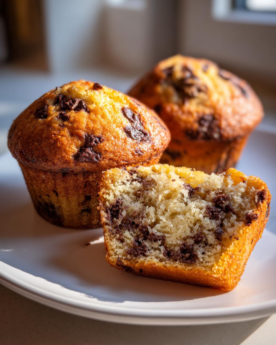 Close-up of fluffy banana chocolate chip muffins, one cut in half showing the moist interior and chocolate chunks.