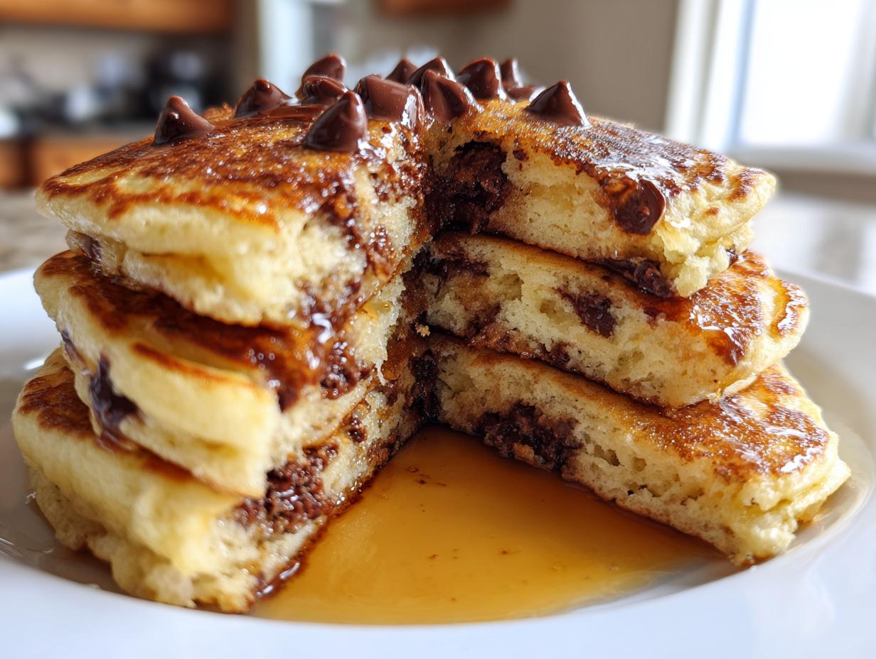 A tall stack of fluffy chocolate chip pancakes cut in half, drizzled with syrup and topped with melted chocolate chips.
