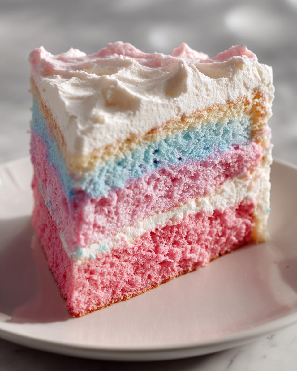 A tall slice of fluffy cotton candy cake showing pink, blue, and white layers with white frosting on top.