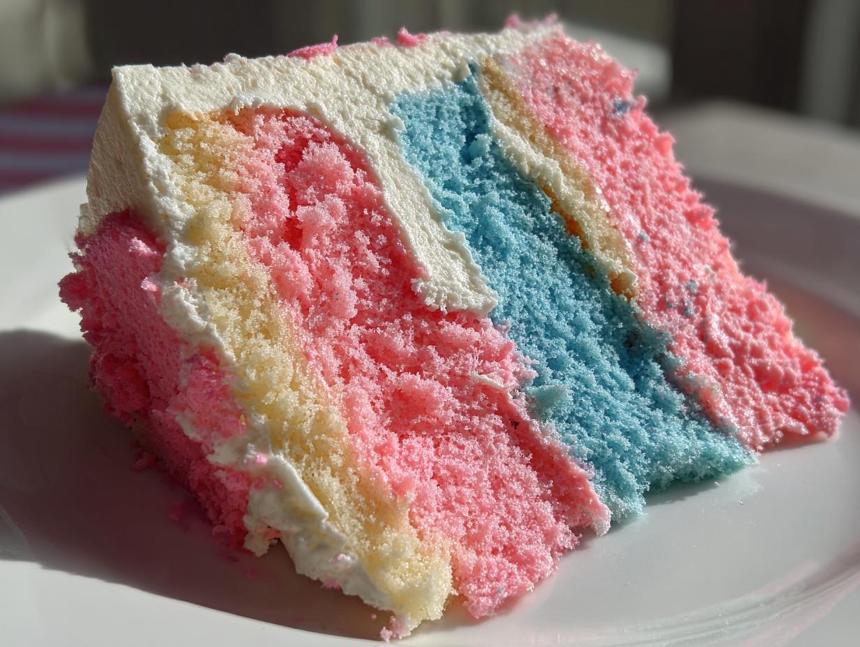 Close-up of a slice of fluffy cotton candy cake showing vibrant pink, blue, and yellow layers with white frosting.