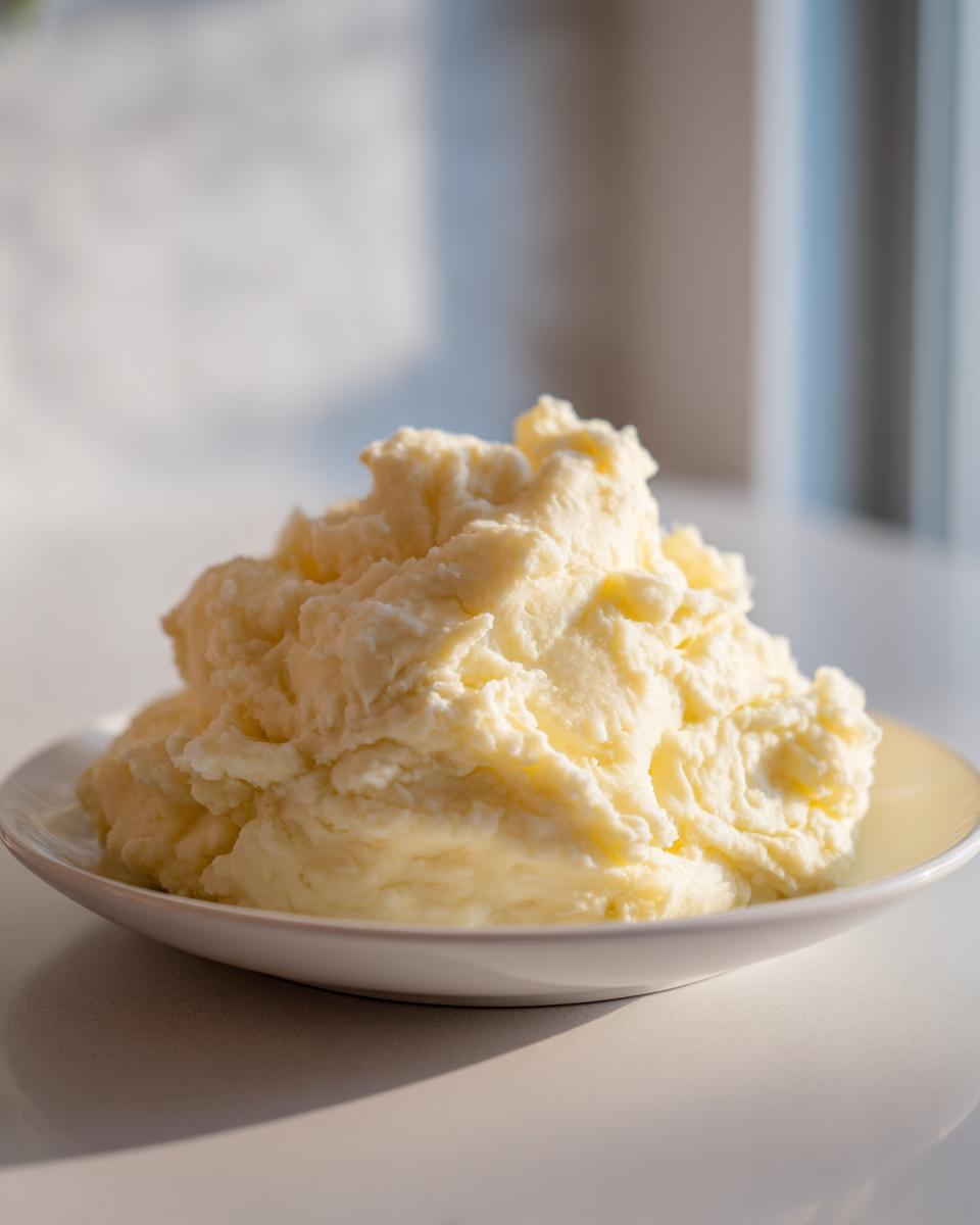 A generous serving of fluffy, creamy mashed potatoes piled high on a small white plate.