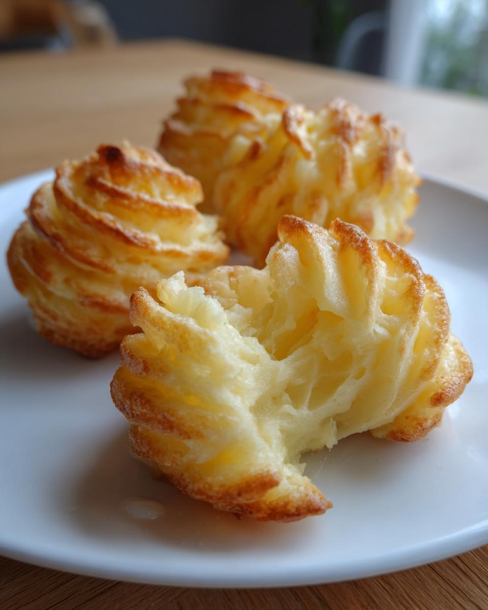 Close-up of three piped and baked duchess potatoes on a white plate, one broken open showing the fluffy interior.