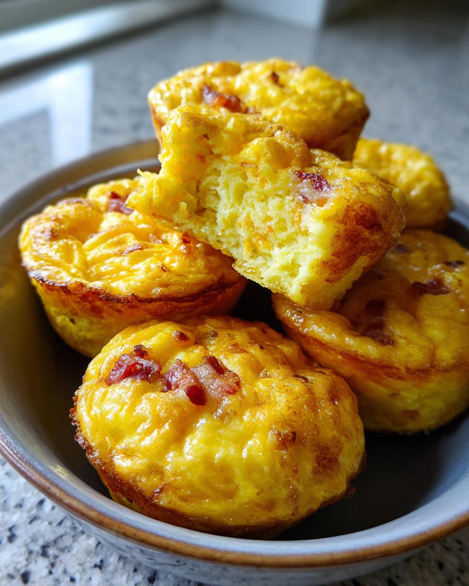 A close-up of several fluffy, golden-yellow egg bites, one broken open to show the texture, served in a small bowl.