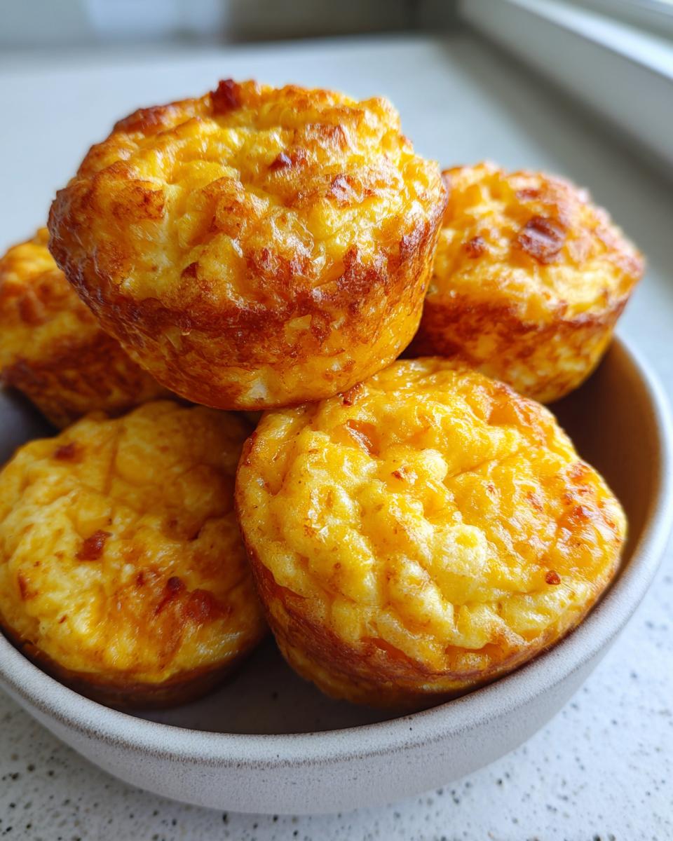 Close-up of several fluffy, golden-brown homemade egg bites stacked inside a small gray bowl.