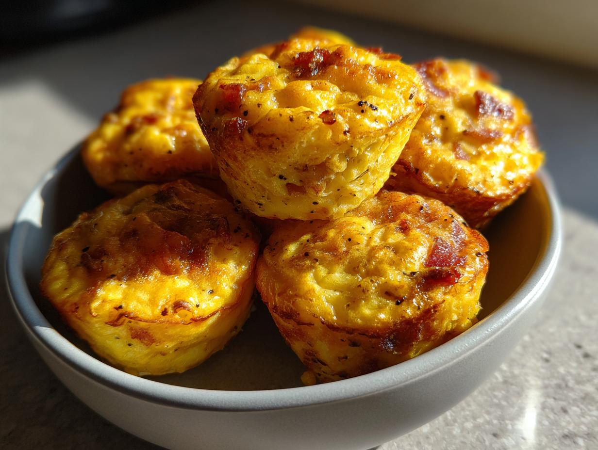 A close-up of several golden brown, fluffy egg bites, likely containing bacon, stacked in a small gray bowl.