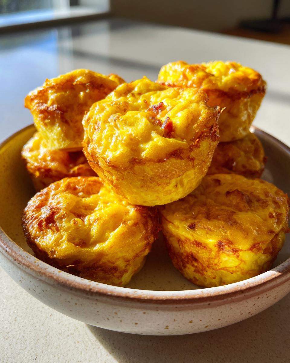 A stack of golden brown, fluffy homemade egg bites piled high in a speckled ceramic bowl.