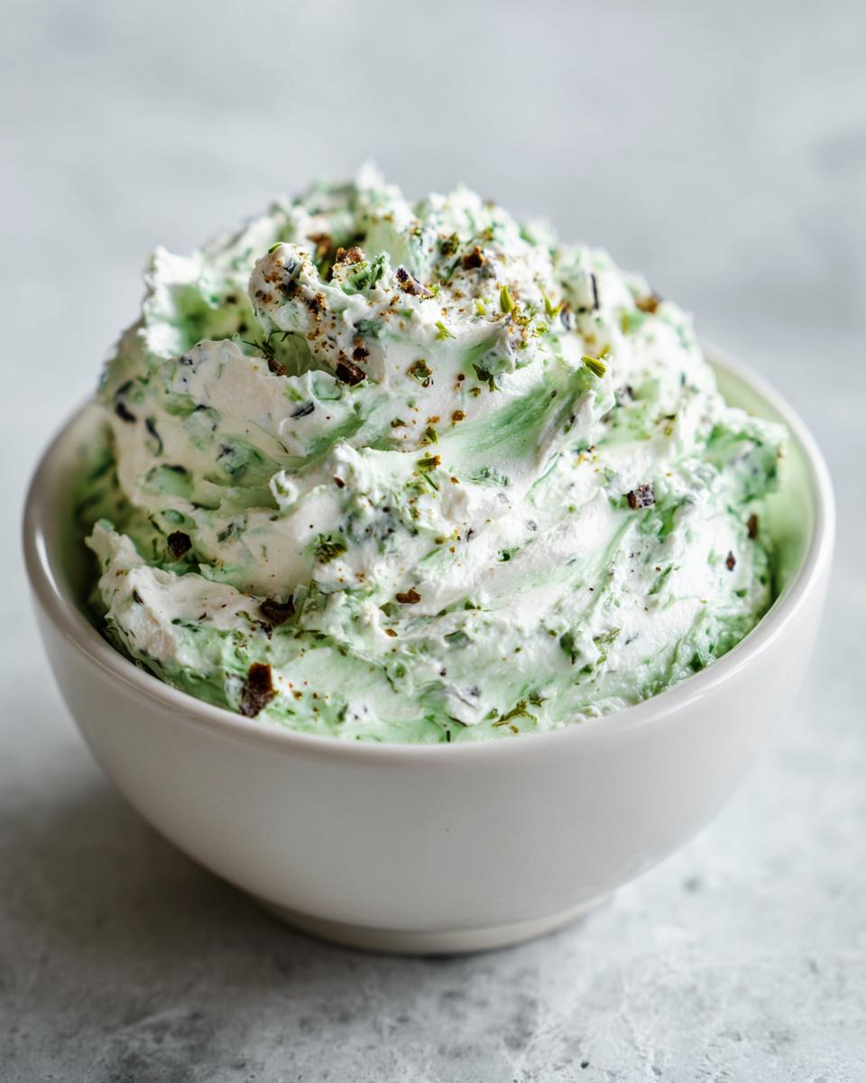 Close-up of a fluffy, light green pickle dip swirled high in a white bowl, topped with seasoning.