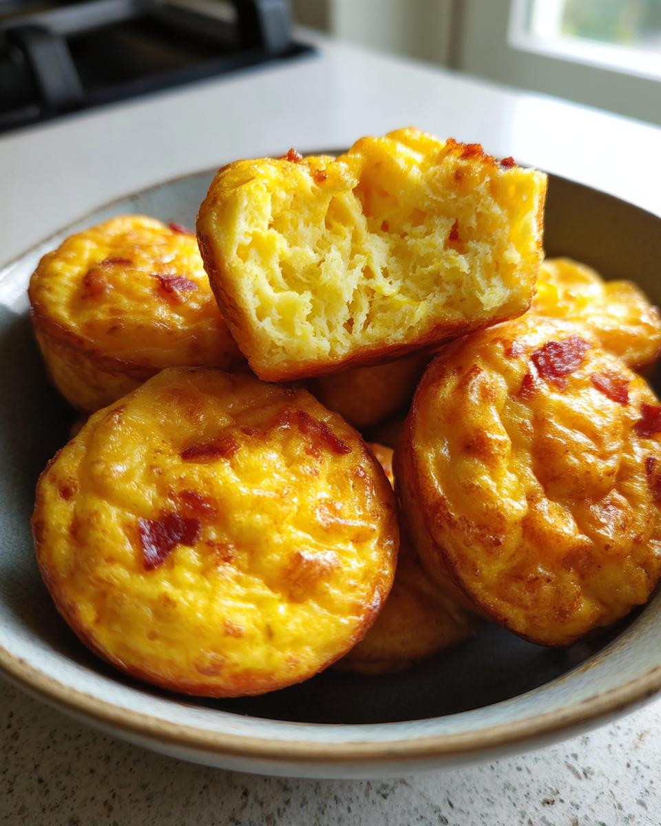 A bowl filled with fluffy, golden brown homemade egg bites, one cut in half showing the airy interior.