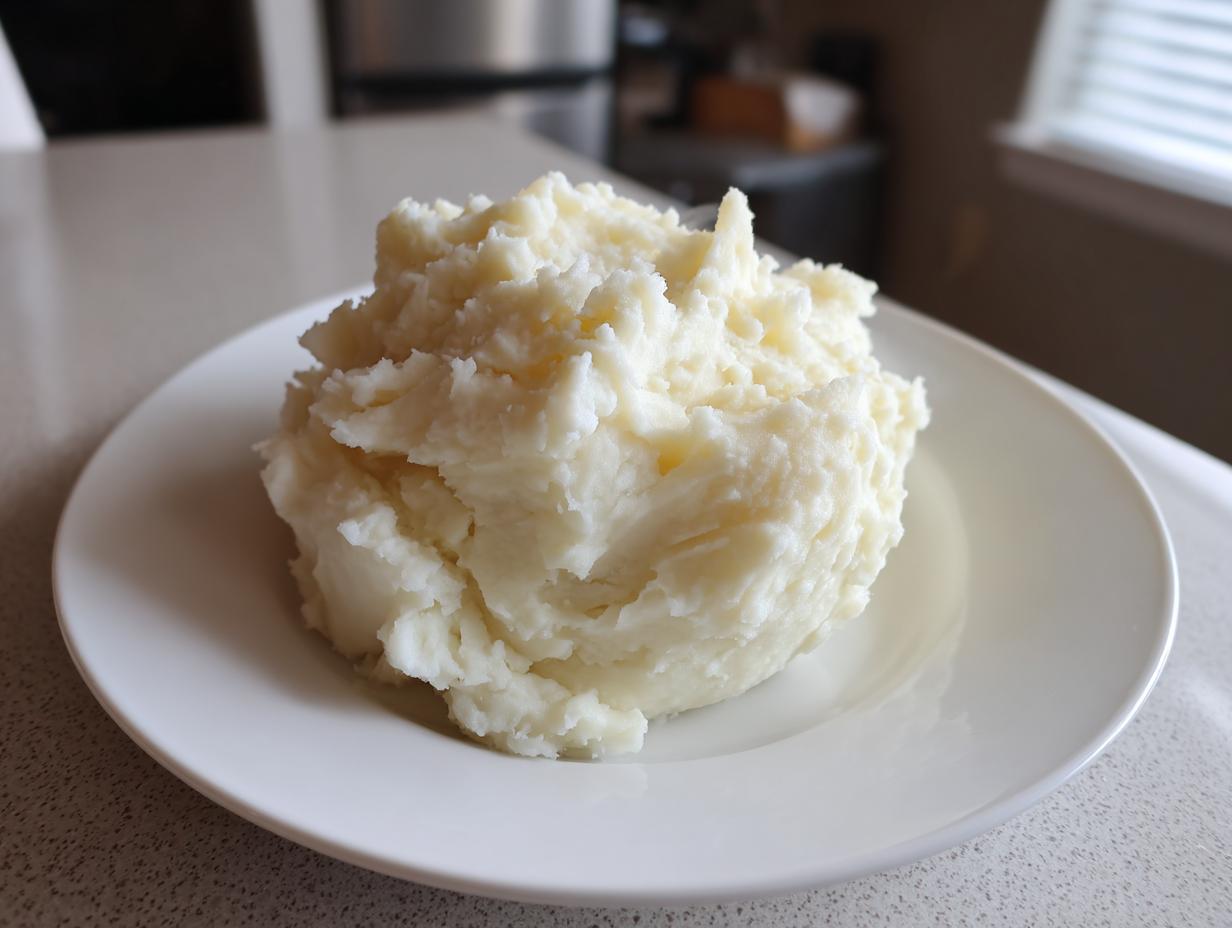 A generous serving of fluffy, creamy mashed potatoes piled high on a white plate.